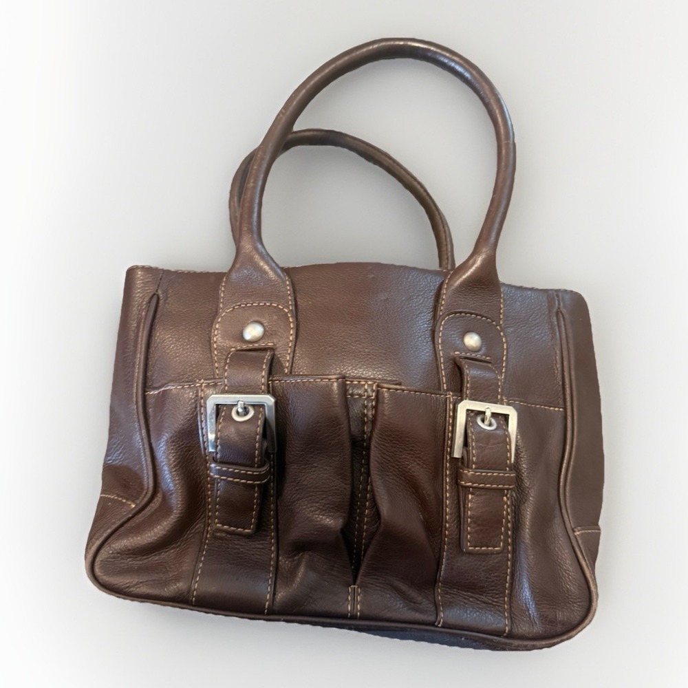 Audrey Brooke Handbag Brown Leather Double Handles Satchel‎ Silver Hardware